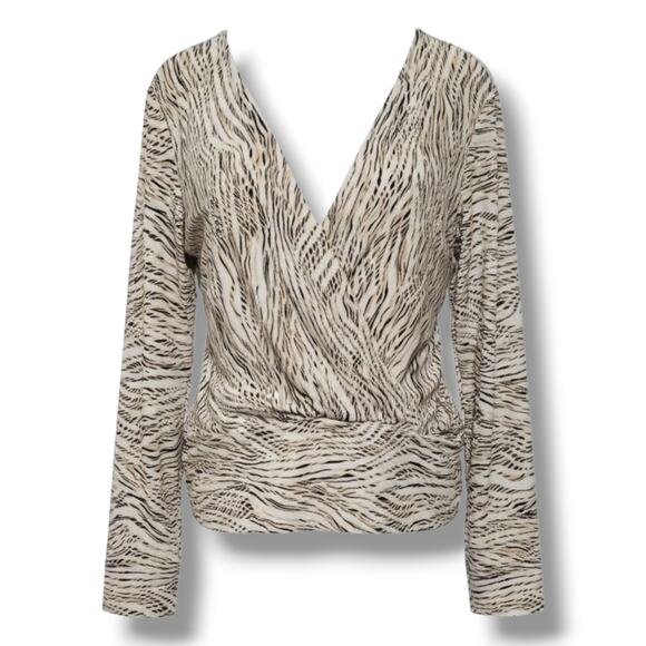 H&M Women’s Cream Animal Print Wrap Blouse – Large, Polyester Blend, Gently Used - Picture 1 of 9